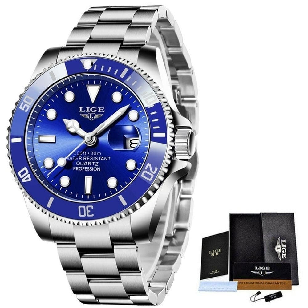 Relógio Masculino Lige 10045 à Prova D`água Prata Azul