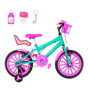 Bicicleta Infantil Feminina Aro 16 Nylon + Kit Passeio E Cadeirinha Verde Água E Pink