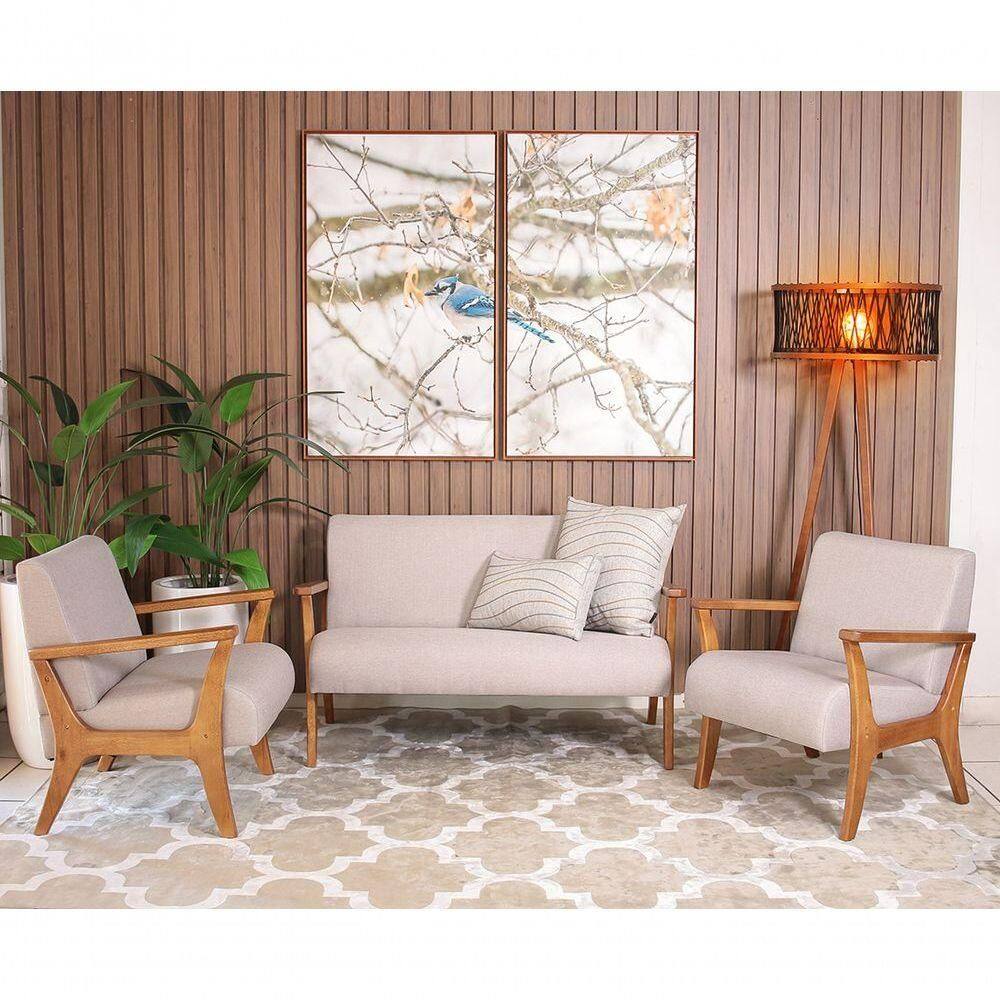 Conjunto De Poltronas Estofadas Para Sala Em Madeira Maciça Cléo Cinza Claro - Straub Web