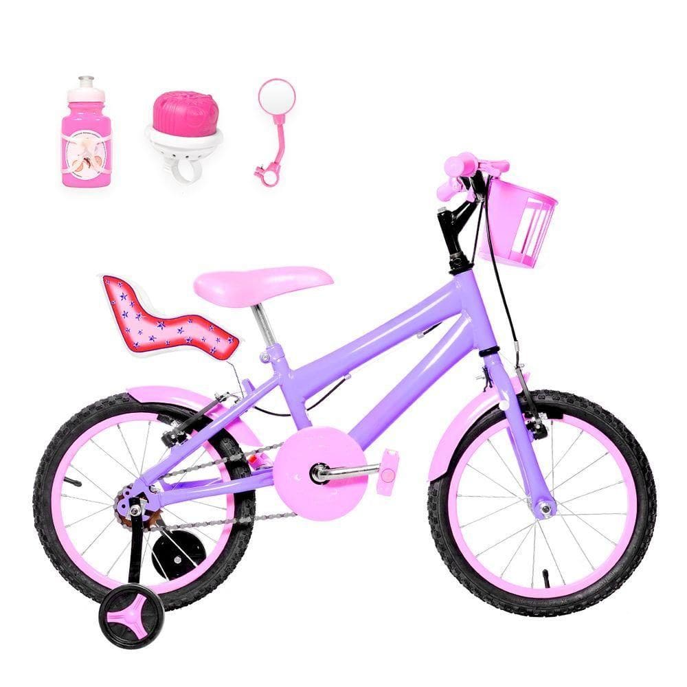 Bicicleta Infantil Aro 16 Alumínio E Cadeirinha Lilás E Rosa