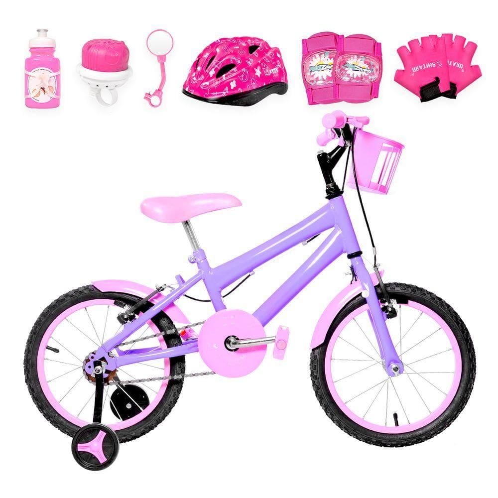 Bicicleta Infantil Aro 16 Alumínio Kit Proteção Lilás E Rosa