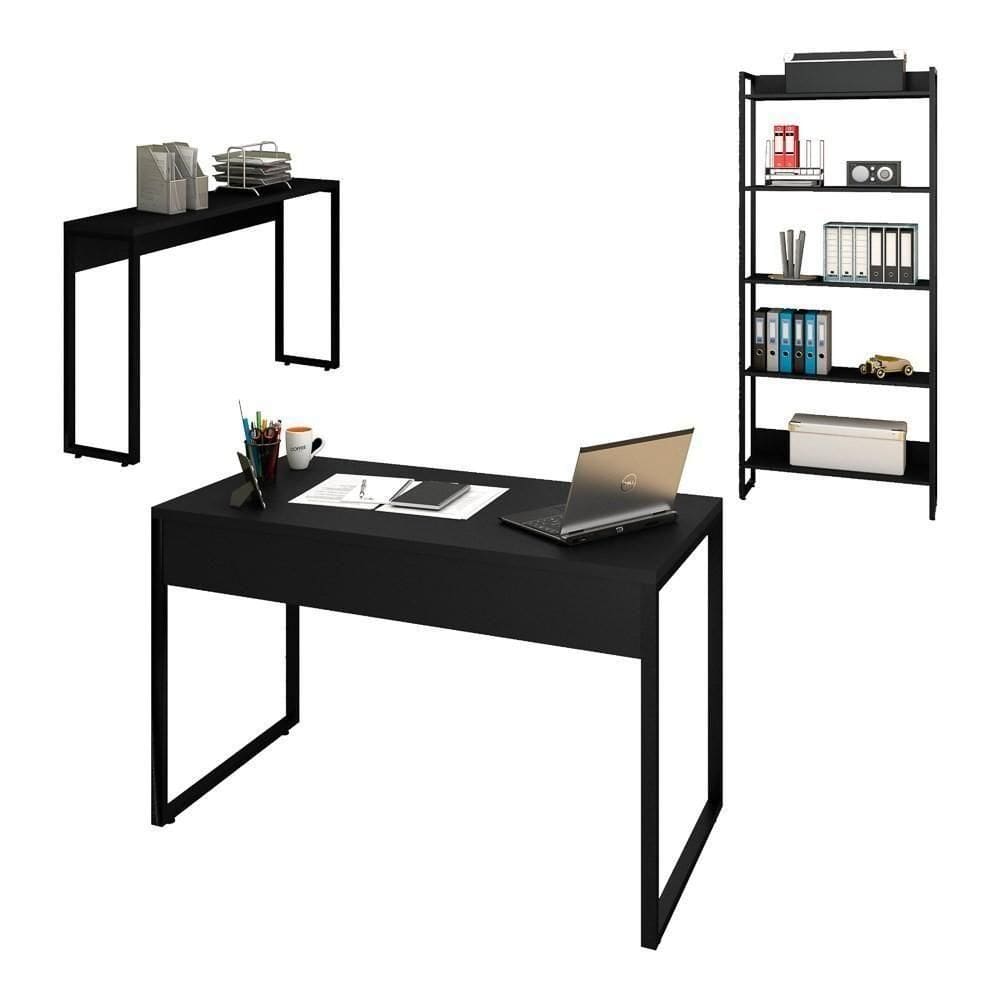 Conjunto Escritório Mesa 120 Aparador Estante Studio Preto