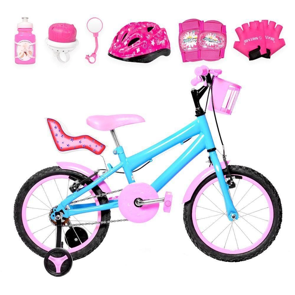 Bicicleta Infantil Aro 16 Alumínio Azul Claro E Rosa