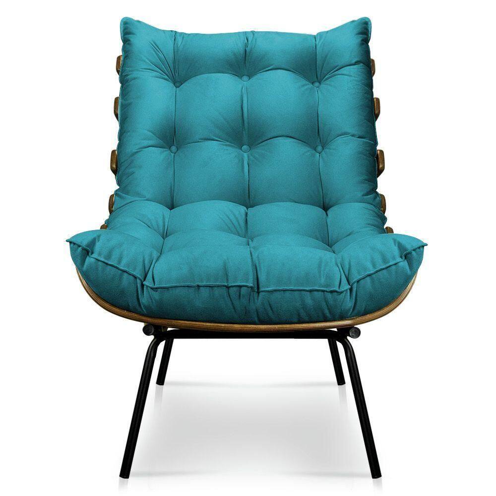 Poltrona Costela Sala E Escritório Veludo Azul Turquesa