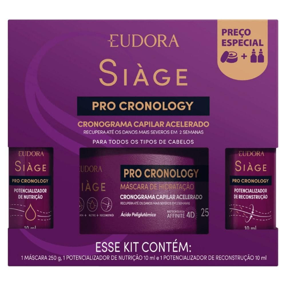Kit Eudora Siáge Pro Cronology Máscara 250g + 2 Potencializador 10ml cada