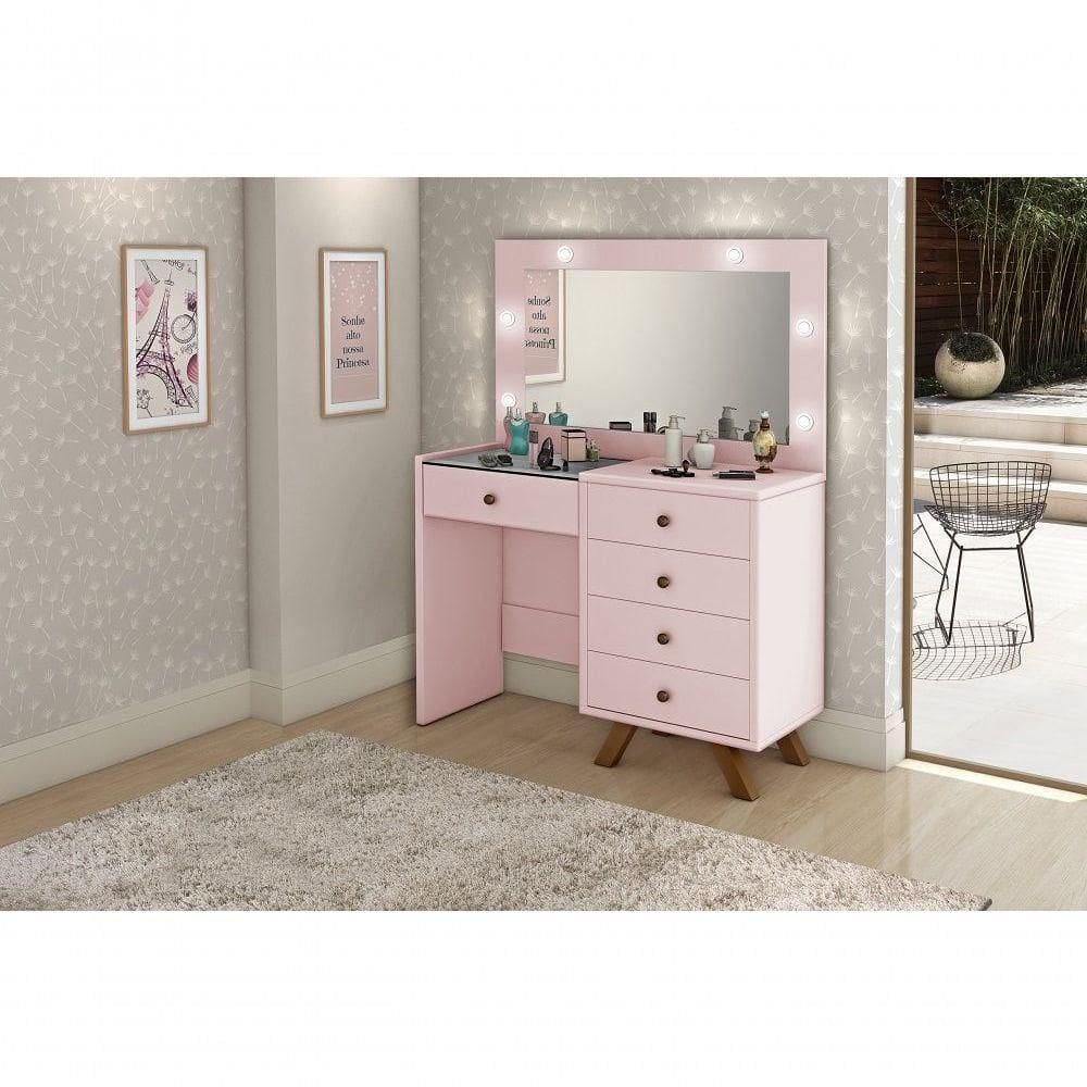 Penteadeira Rosa Luna 5 Gavetas Led Espelho Pés Madeira