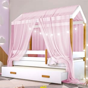 Bicama Montessori Exclusiv Fio De Luz Colchão E Voal Rosa