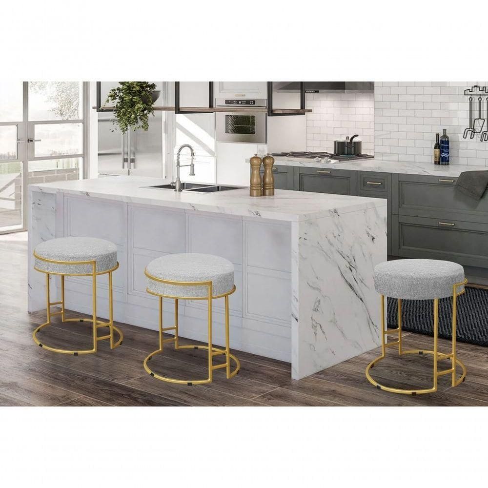 Puff Decorativo Sarah Sala E Recepção Metal Dourado Linho