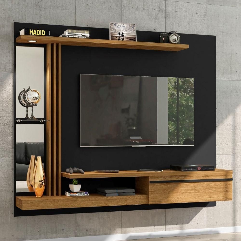 Painel Para Tv Com Led E Espelho Heroe Preto Cinamomo