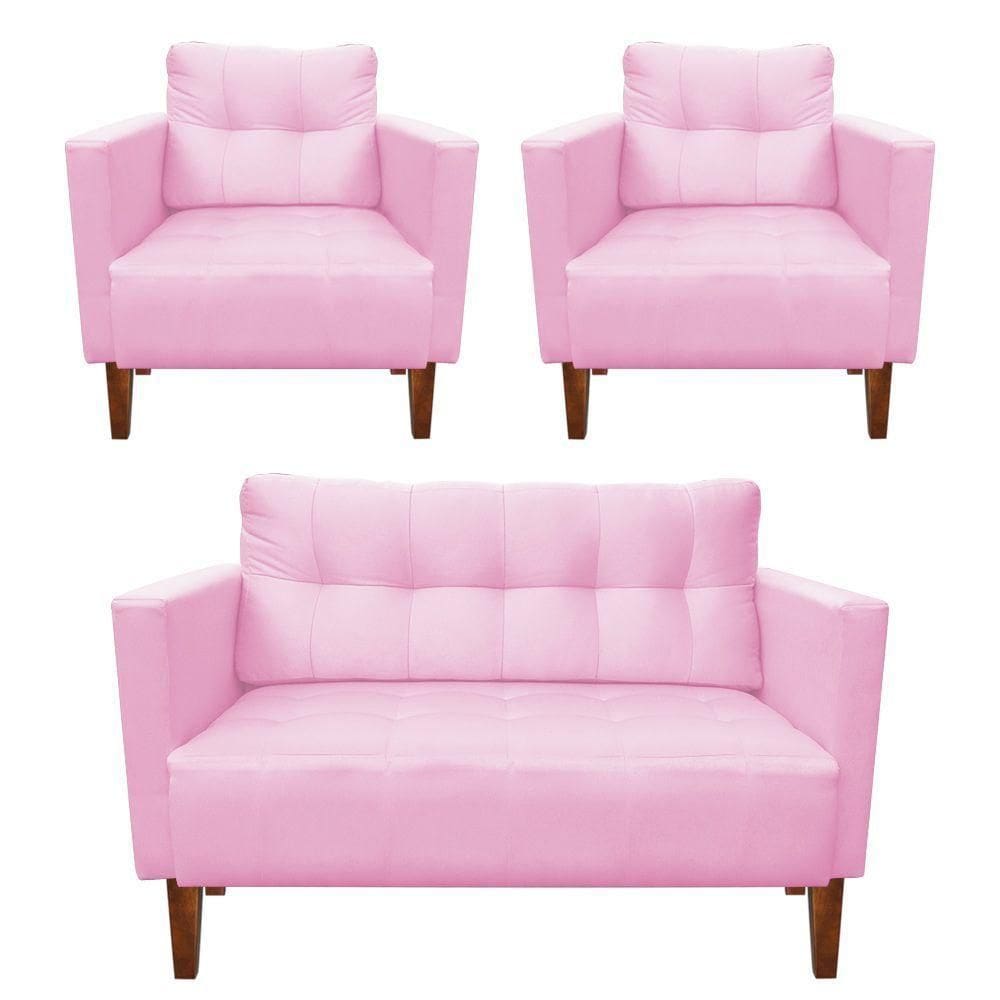 Kit Sofá Retrô 2 Lugares E 02 Poltronas Rosa Bebê