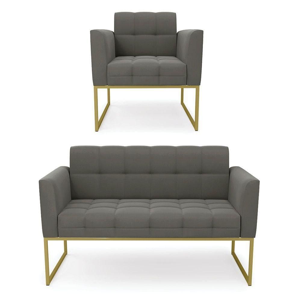 Kit 1 Sofá Namoradeira E 1 Poltrona Suede Base Metálica Industrial Dourado - D\`rossi Cor Grafite