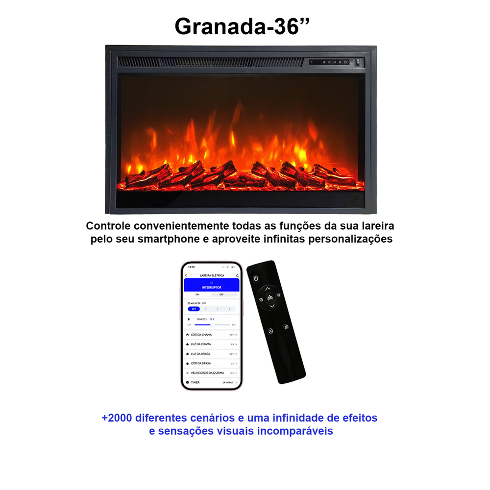 Lareira Elétrica Wgrif - Lareira De Embutir - Granada-36" (Cor Preta) - 127 volts