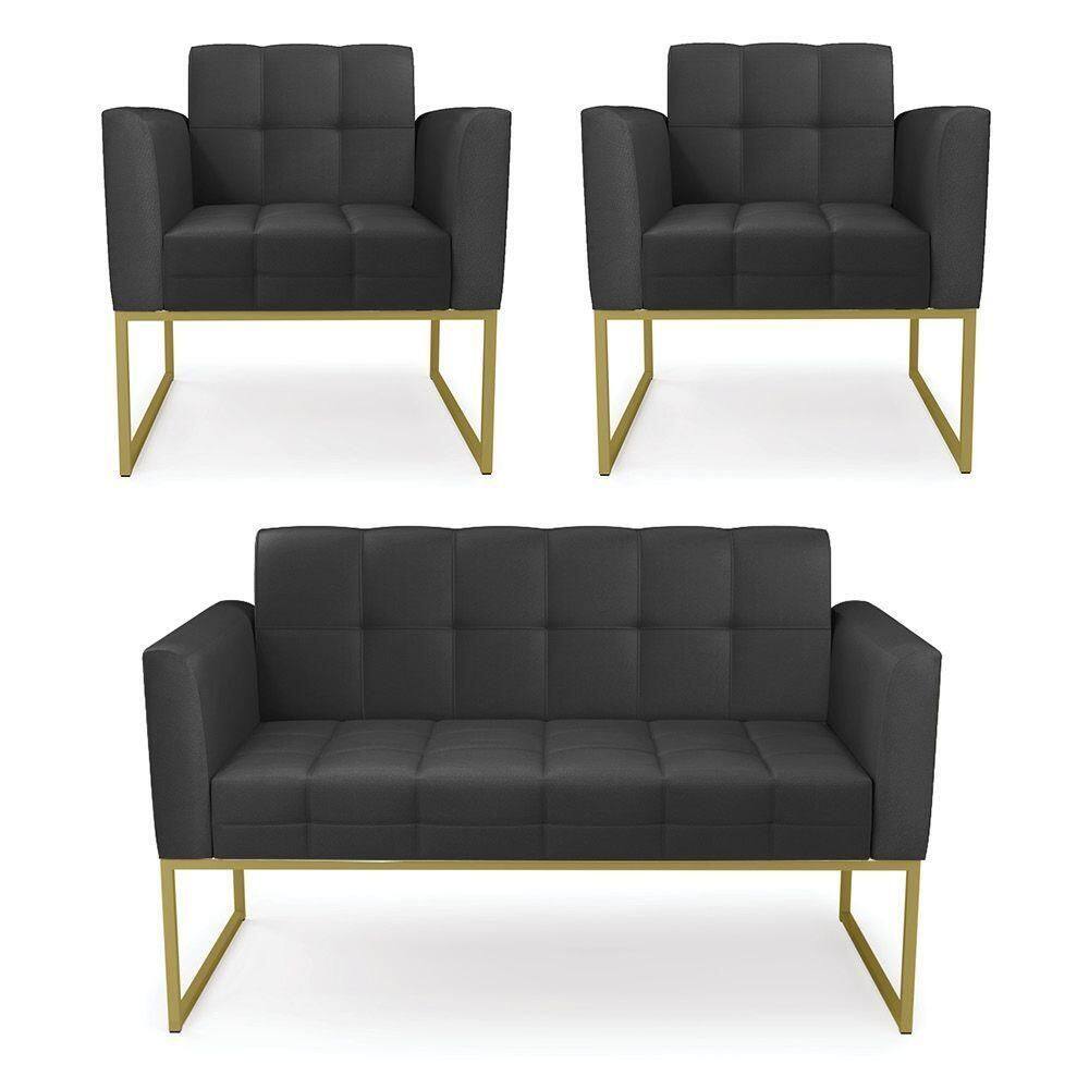 Kit 1 Sofá Namoradeira E 2 Poltronas Elisa Corino Base Metálica Industrial Dourado - D`rossi Cor Preto