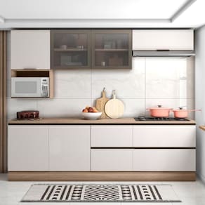 Cozinha Completa Etna 7 Peças Balcão Cooktop Poliman Móveis Carvalho Oak E Off White