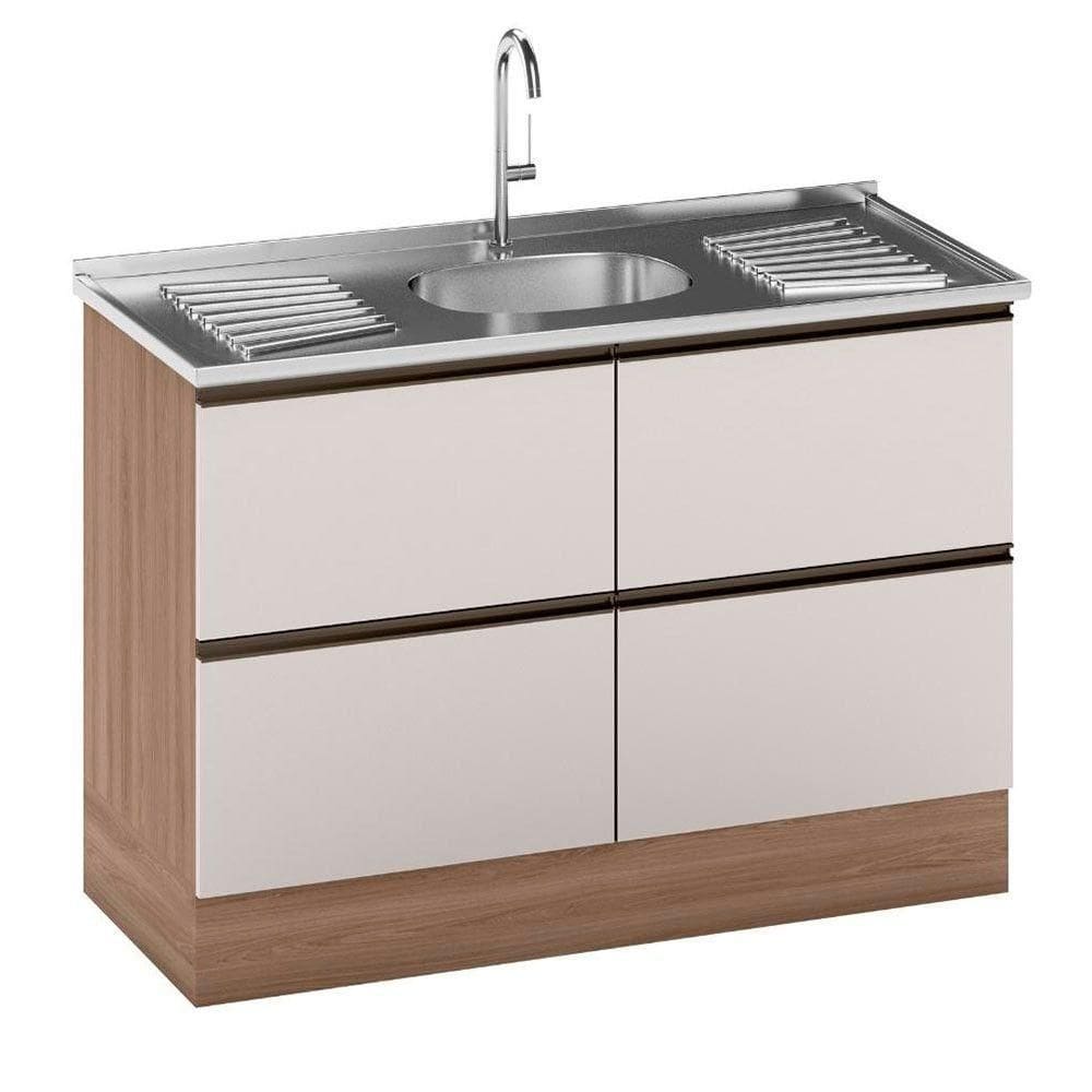 Balcão Para Pia E Cuba 120 Cm 2 Portas 3 Gavetas Etna Poliman Móveis Carvalho Oak E Off White