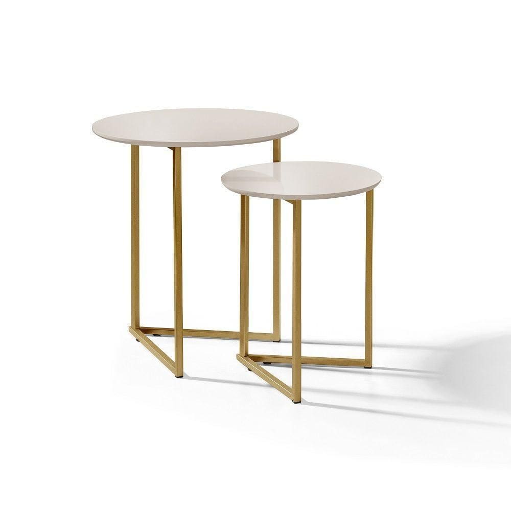 Mesa Lateral Pé De Ferro Estilo Industrial Dourado/off White