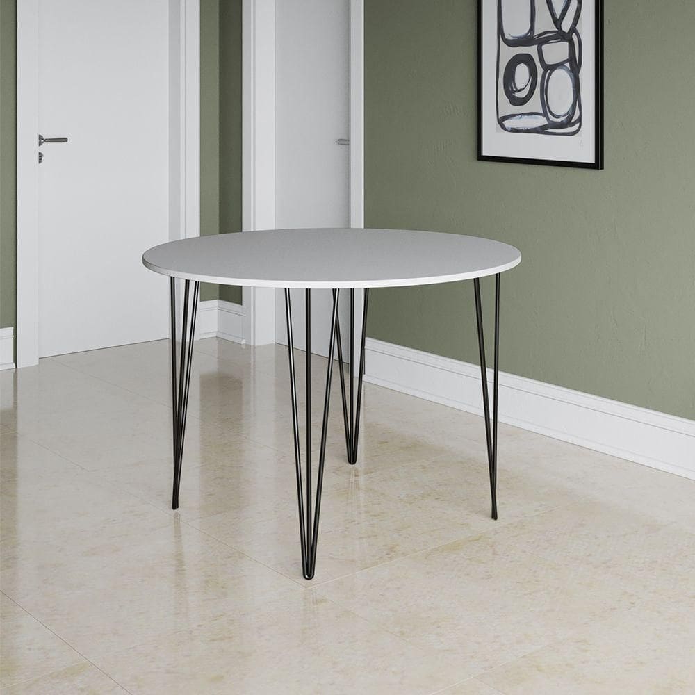 Mesa Jantar Redonda Branca Hairpin 90cm Elen Base Ferro Preto - Cor: Branco