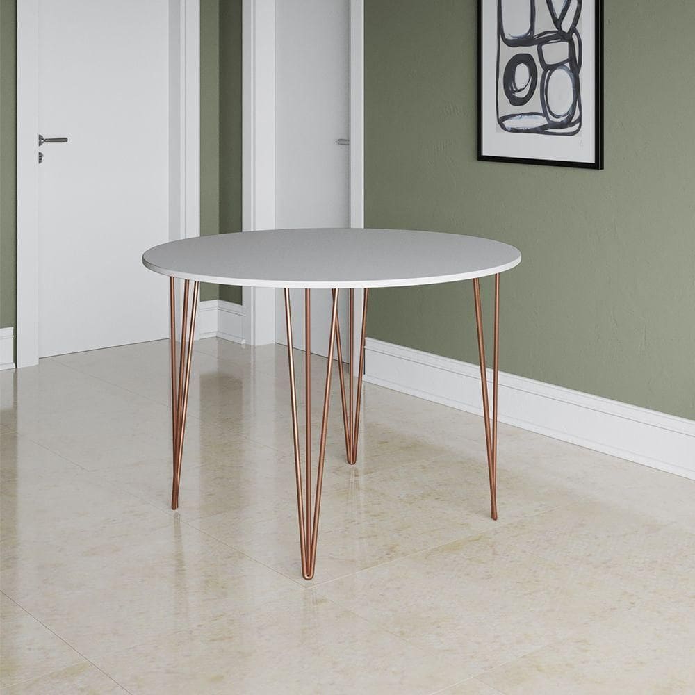 Mesa Jantar Redonda Branca Hairpin 110cm Elen Base Cobre - Cor: Branco