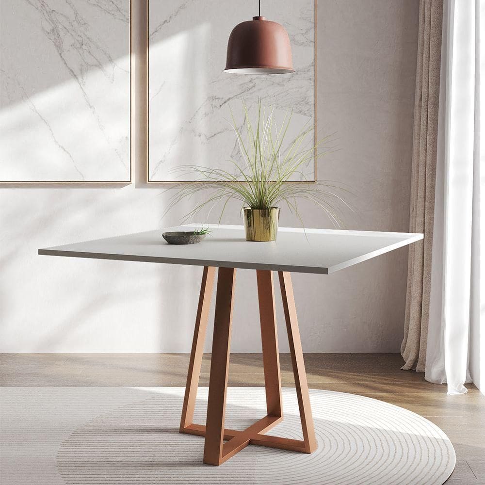 Mesa De Jantar Mônaco 110cm Tampo Branco Pés Cobre - Cor: Branco