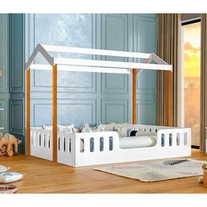 Cama Casal Casinha E Segura Montessoriana Agatha Branco/mel Branco