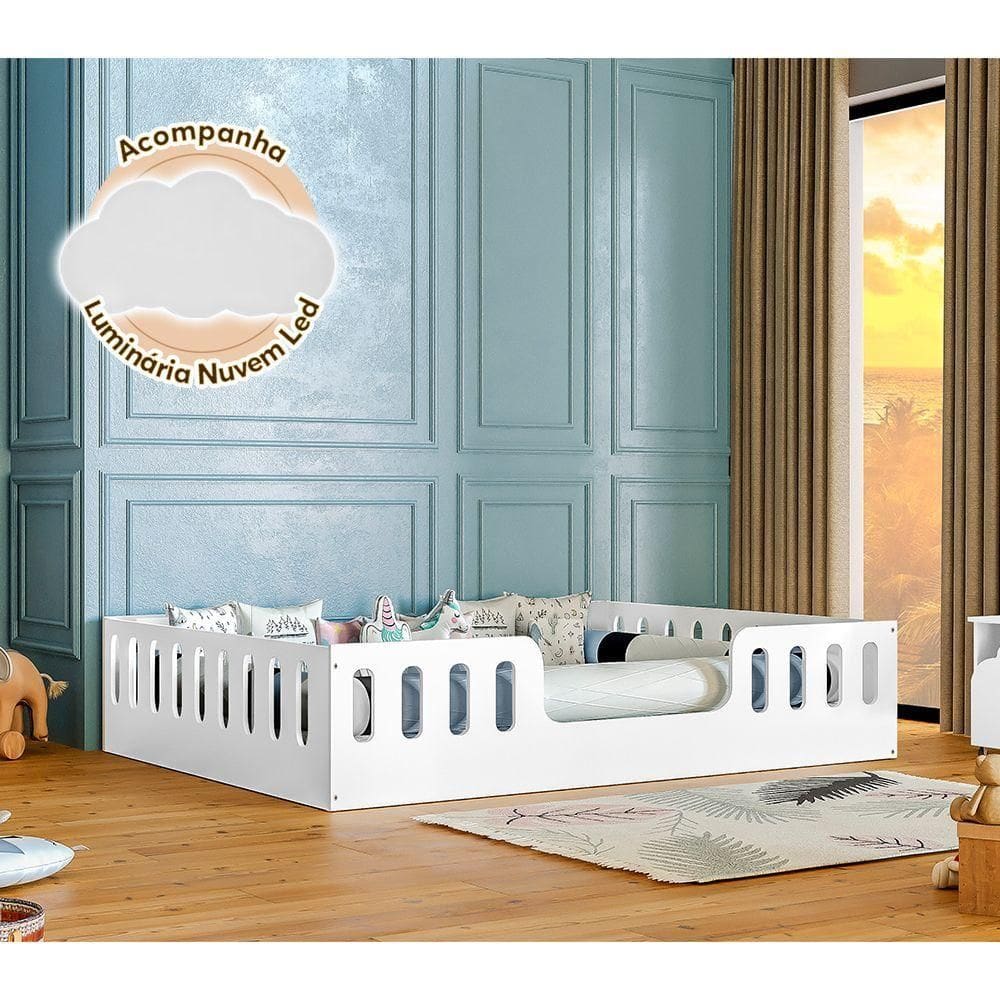 Cama Casal Montessoriana Helo Branco Acompanha Luminária Led Branco