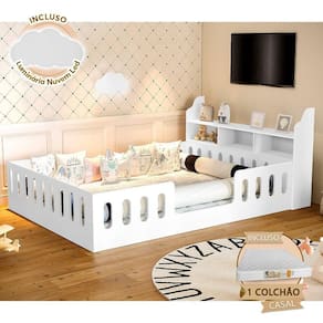 Cama Casal Casinha Montessoriana ágatha Com Colchão Branco/mel Branco