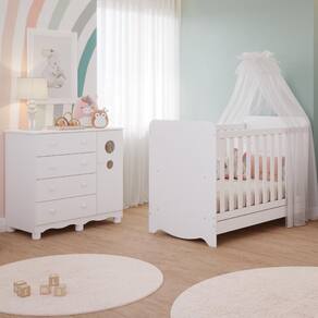 Quarto de Bebê Completo Berço Americano Ben 3 em 1 Cômoda 1 Porta 3 Gavetas 100% MDF Bolinha