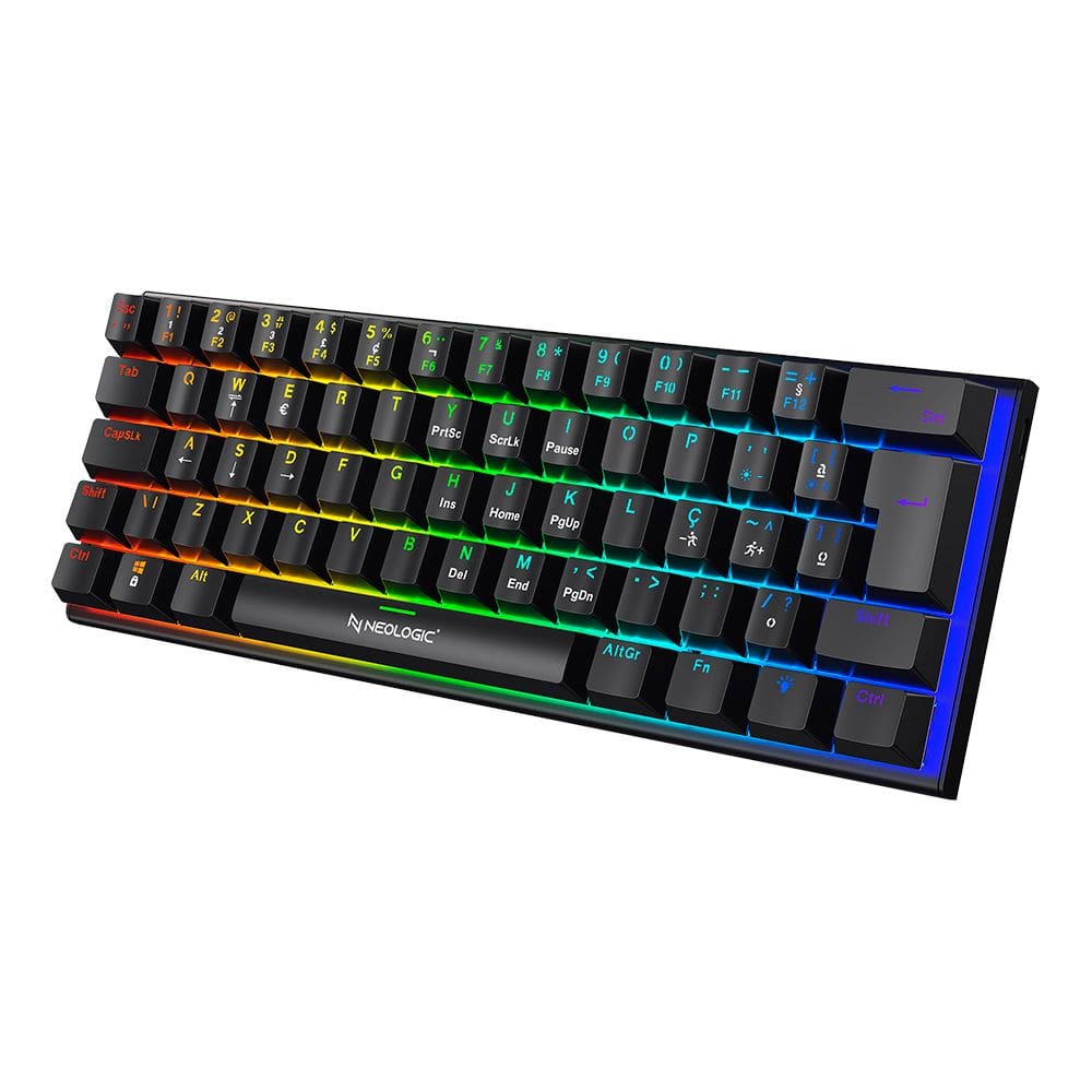 Teclado Gamer Mecânico Neologic Precision Dark  60% Rainbow 61 Teclas Switch Red Preto Cabo Tipo C - Predrk-Red