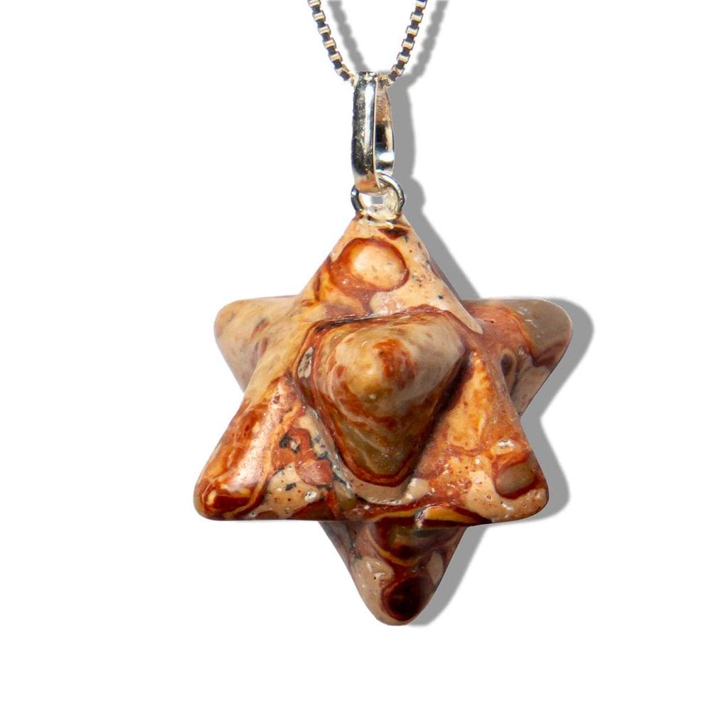 Colar Merkabah Jaspe Leopardo Pedra Natural Pino Prateado