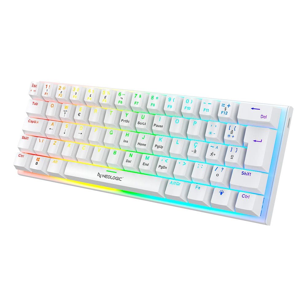 Teclado Gamer Mecânico Neologic 60% Rainbow 61 Teclas Switch Red Branco Cabo Tipo C - Preplr-Red