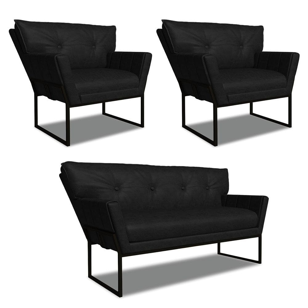 Namoradeira e 2 Poltronas Industrial Pto Anitta Sintét PU Preto D03 - D`Rossi