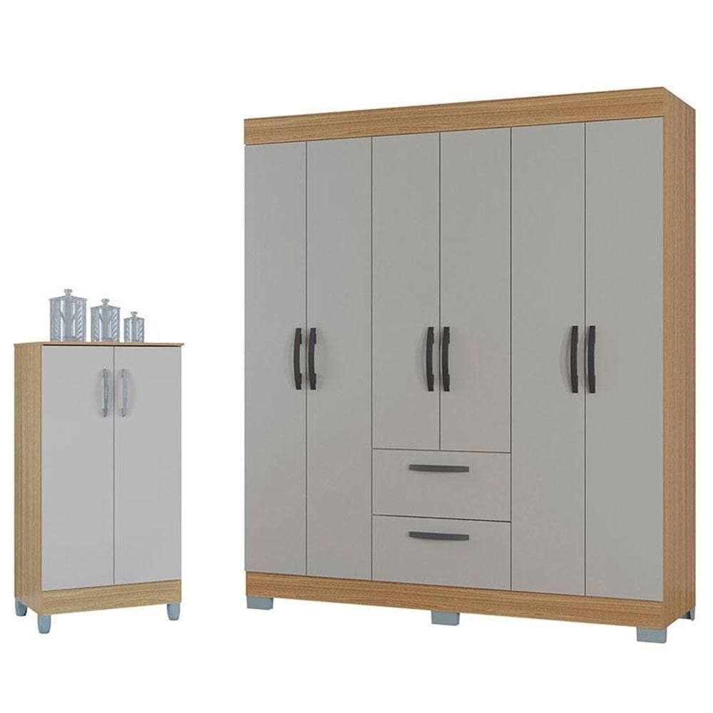 Guarda Roupa Casal Tóquio 6 Portas Com Armário Multiuso 2 Portas Pequeno Damasco Off White - Poquema