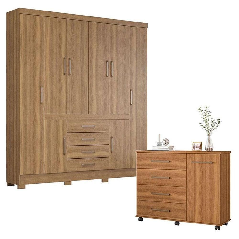 Cômoda Flora E Guarda Roupa Casal New Realce Amêndola Touch Demóbile
