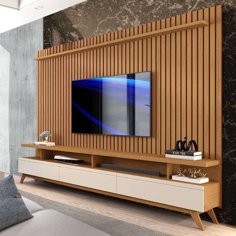 Painel Ripado Com Rack Tv Até 75 Polegadas 1.8 Nature Off White Veridian Jm Móveis