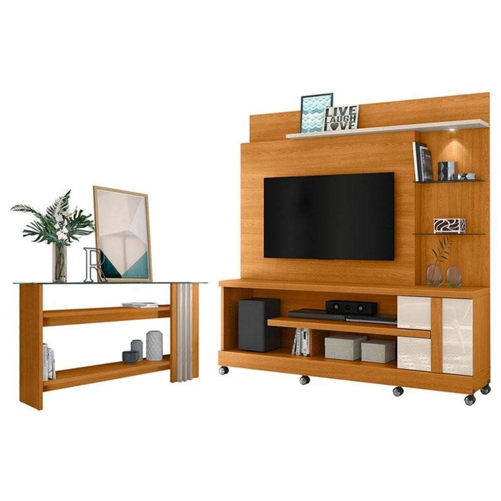 Estante Home Theater Alan Com Rodízios E Aparador Frizz Cinamomo Off White