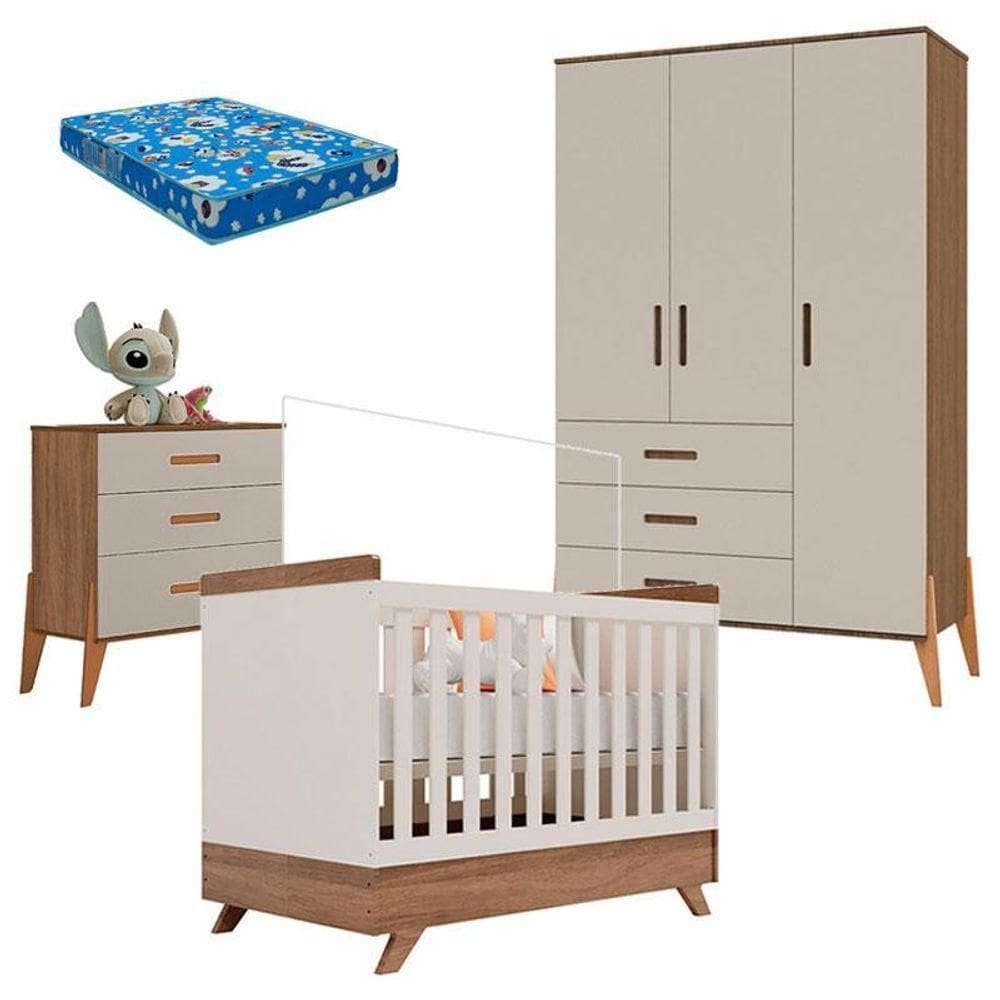 Quarto De Bebê Gaveteiro 3p E Berço Americano Retro Vitória Off White Carvalho Colchão Ortobom