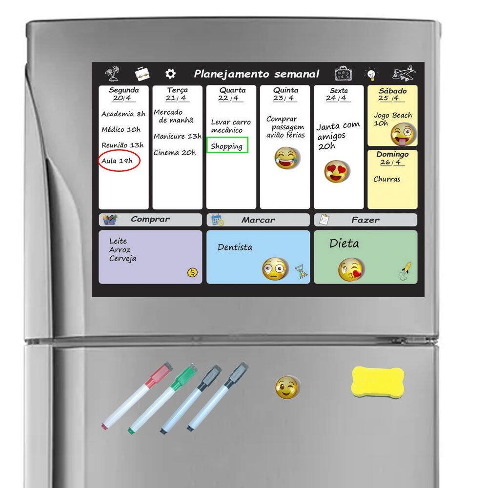 Planner senamal planejador magnético geladeira com 6 emoticons 4 canetas e apagador com imã controle rotina da semana