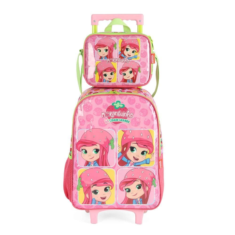 Kit Mochila de Rodinhas Lancheira Luxcel Moranguinho Verde