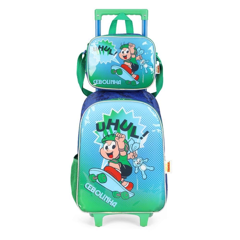 Kit Mochila Rodinhas Lancheira Luxcel Turma da Mônica Verde