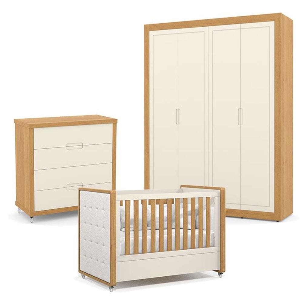 Quarto de Bebe 4 Portas Tutto New com Capitonê New Boucle e Gaveteiro Freijó Off White - Matic