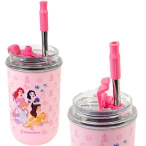 Copo Princesas Bela Branca De Neve Cinderela Ariel Térmico Quente Gelado 300ml Com Tampa E Canudo Oficial Disney