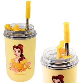 Copo Princesa Bela Térmico Quente Gelado 300ml Com Tampa E Canudo Oficial Disney