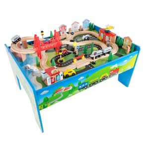 Mesa de conjunto de trem de madeira Hey! Jogue! Deluxe para crianças pintadas à mão