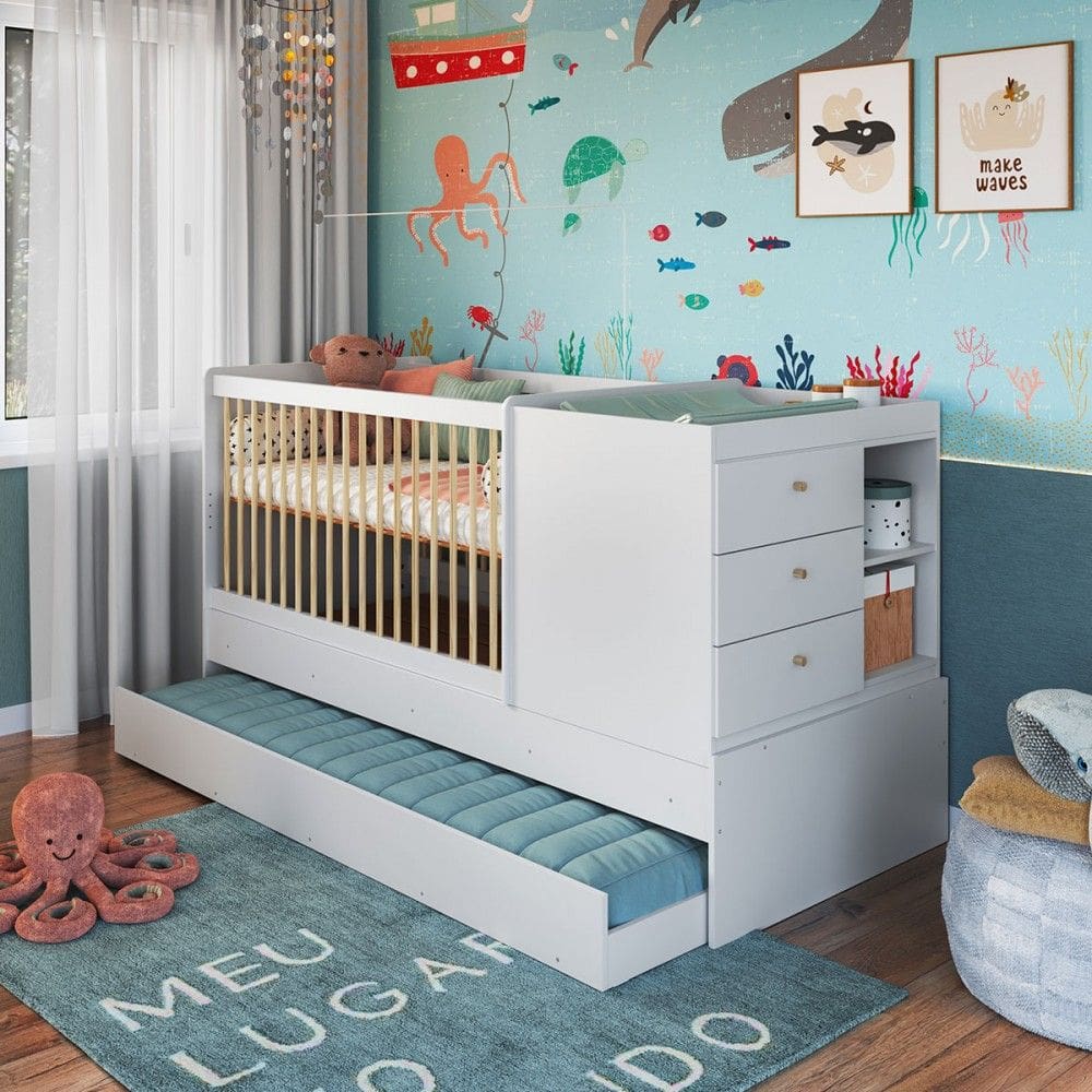 Berço Bebê Multifuncional 3 Gavetas com Cama Auxiliar Branco - Completa Móveis