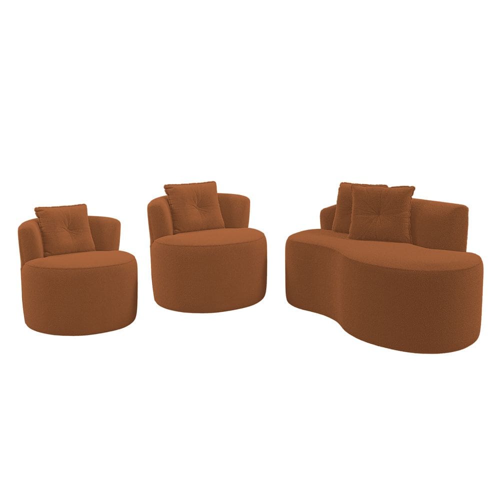 Kit Sofá e 02 Poltronas Orgânicas Living Bob com Almofadas Bouclê Terracota - Desk Design