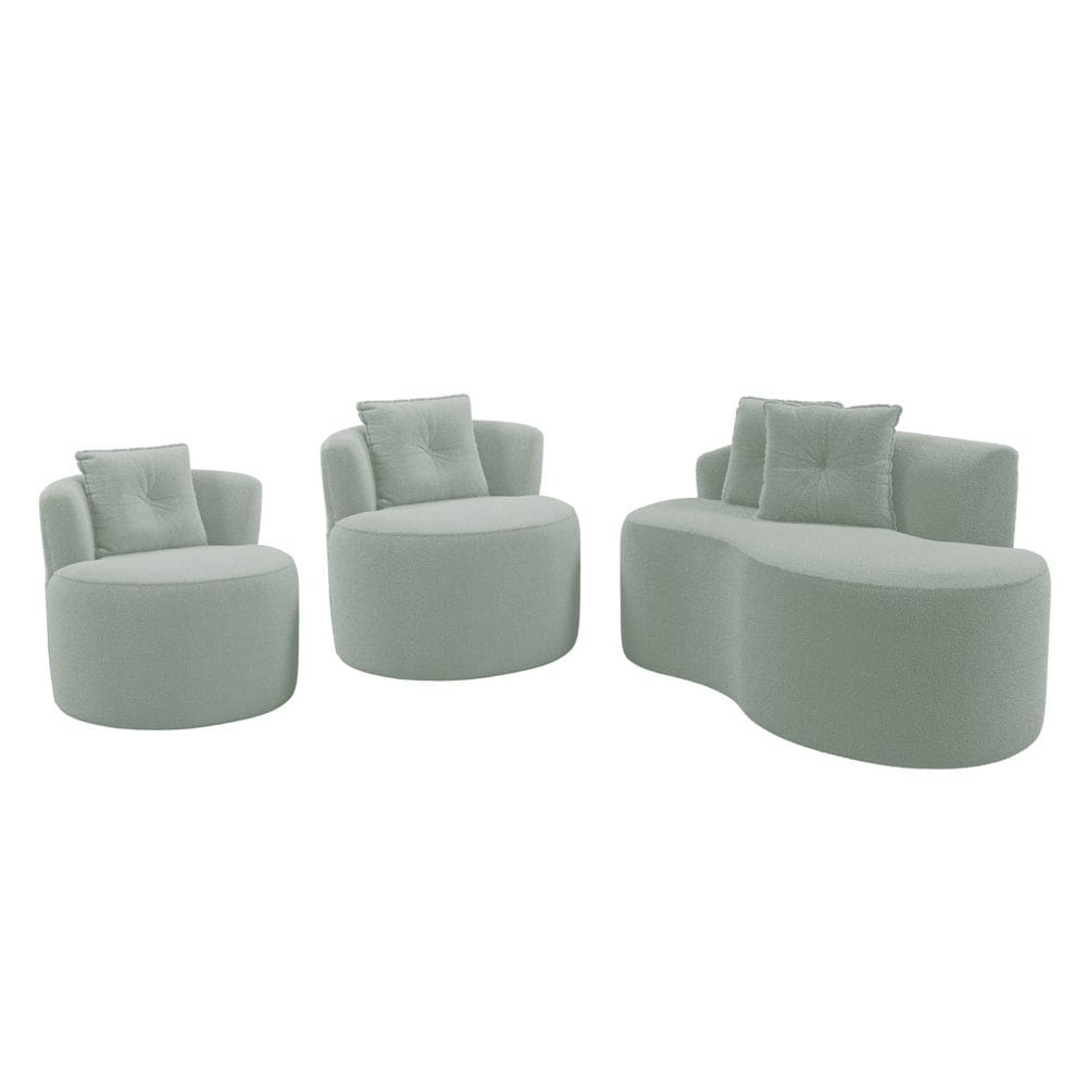 Kit Sofá e 02 Poltronas Orgânicas Living Bob com Almofadas Bouclê Verde Menta - Desk Design