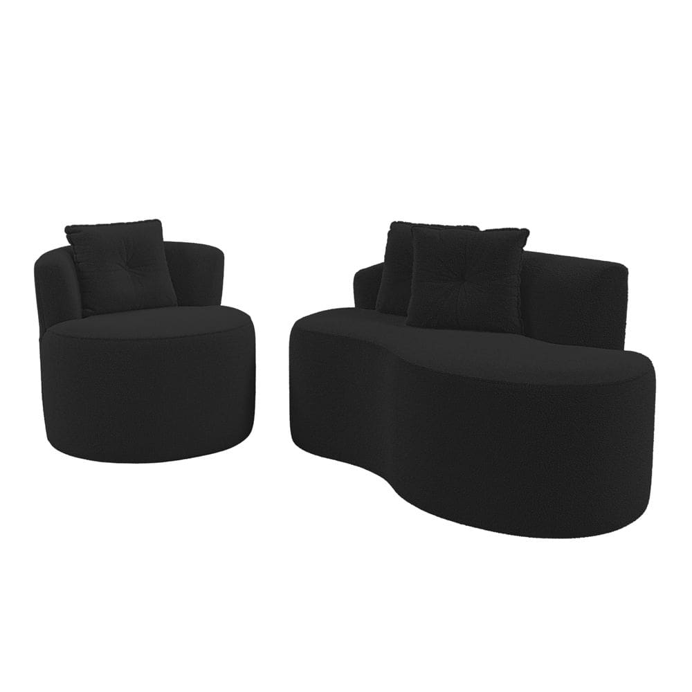 Kit Sofá e Poltrona Orgânica Living Bob com Almofadas Bouclê Preto - Desk Design