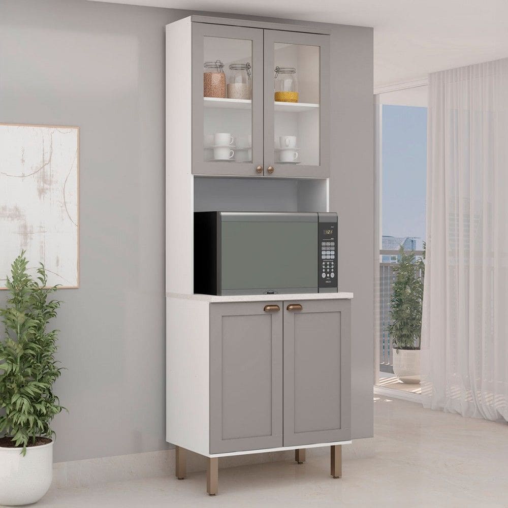 Cristaleira Iluminata 100% Mdf com 2 Portas de Vidro e Espaço para Forno Branco/Marrom Claro - Genialflex
