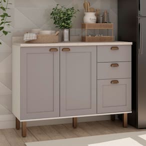 Balcão de Cozinha 120cm Iluminata 100% Mdf 2 Portas 3 Gavetas Branco/Marrom Claro - Genialflex