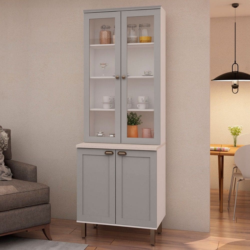Cristaleira Iluminata 100% Mdf com 2 Portas de Vidro Branco/Marrom Claro - Genialflex